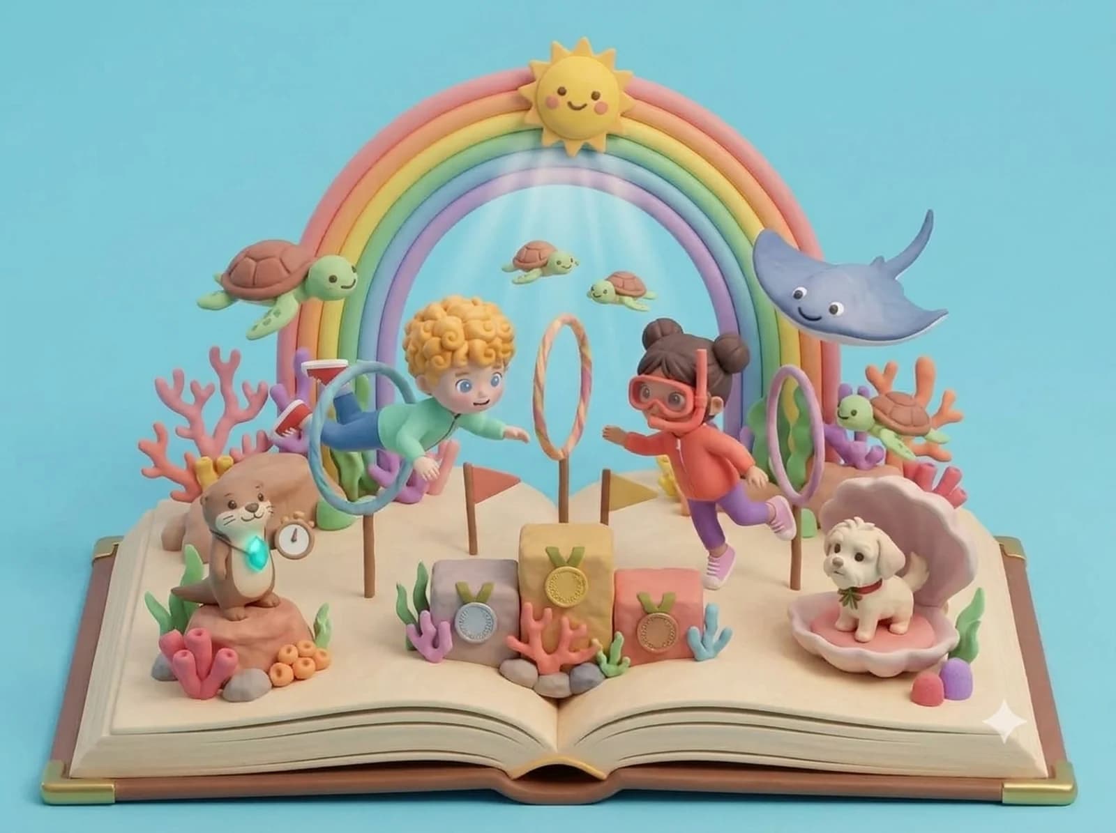 Knetszene Unterwasser-Olympiade: Die Kinder tauchen mit Taucherbrille zwischen Korallen, Fischen und Schildkröten, darüber Regenbogen und Sonne.